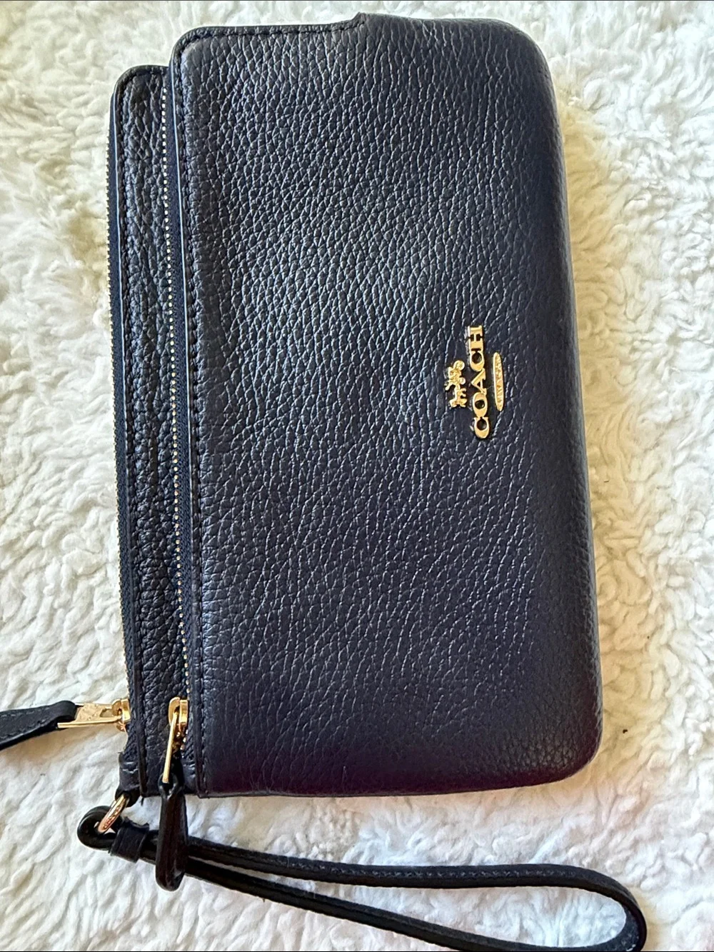Coach Black Pebbled Leather Wristlet with Gold Logo